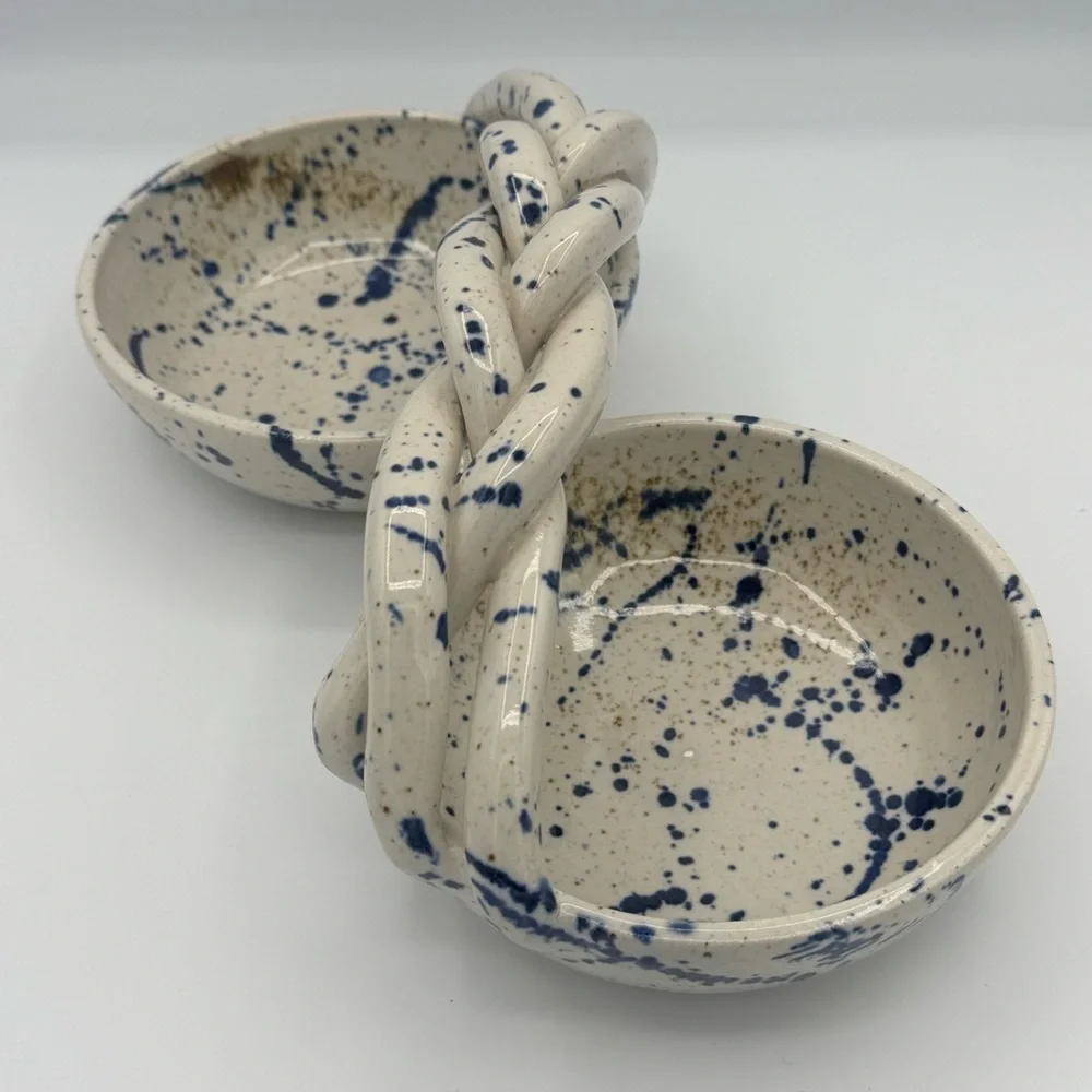 Handcrafted Ceramic Speckled Blue and Gold Dual Double Bowl with Braided Handle